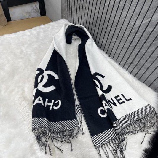 Chanel panda-style black and white scarf.
